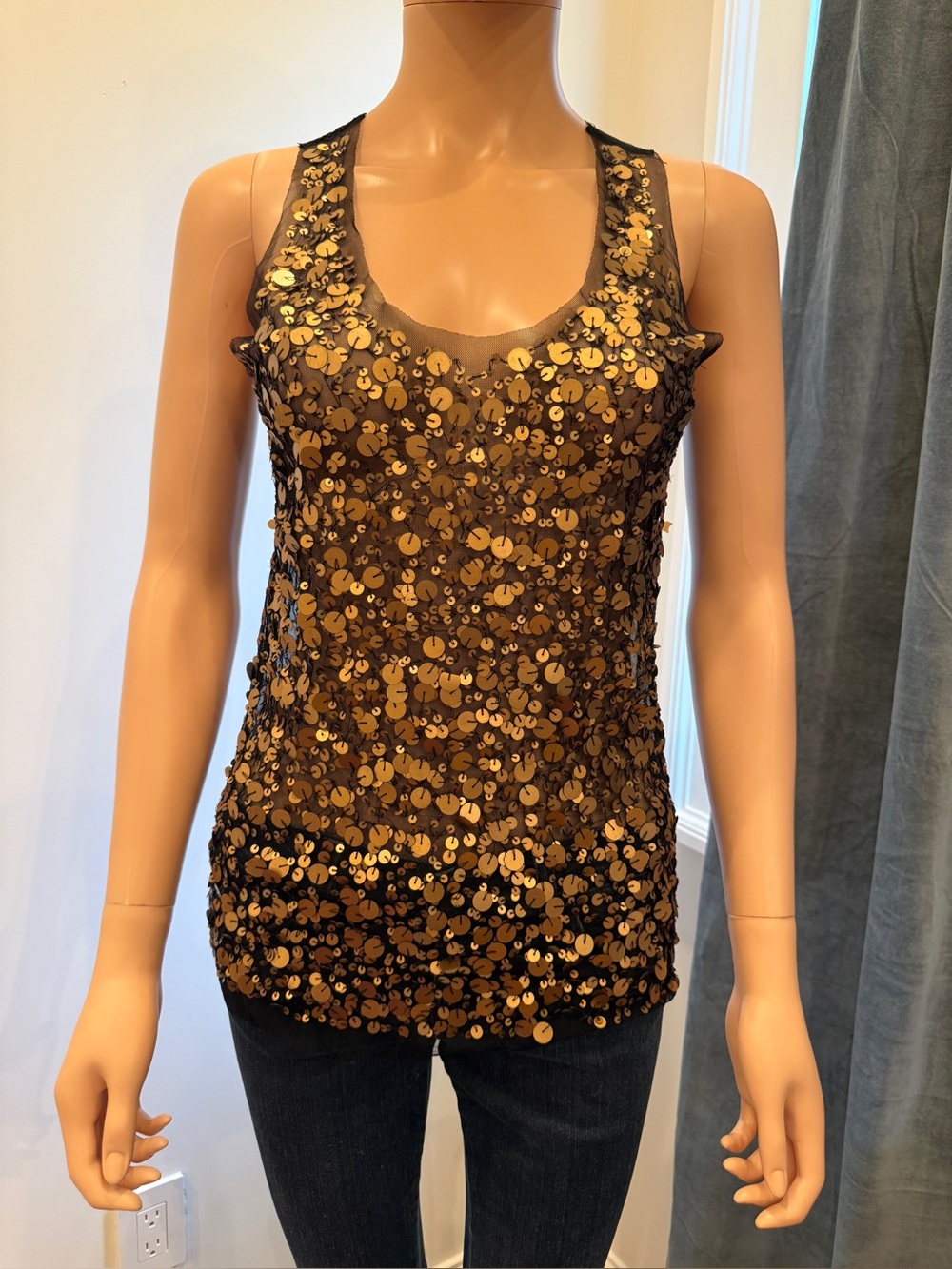 Black Sheer Tank Top with Gold Sequins